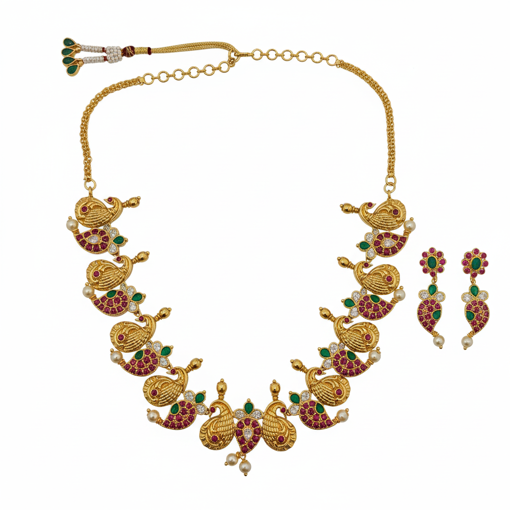 Kempu Mango Peacock Necklace Flat Lay White
