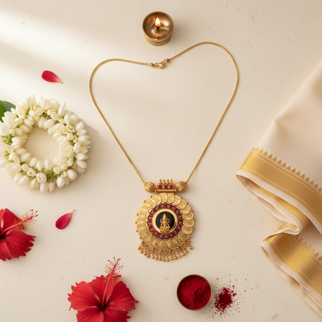 Kerala Laxmi Palakka Mala flat lay with cultural elements