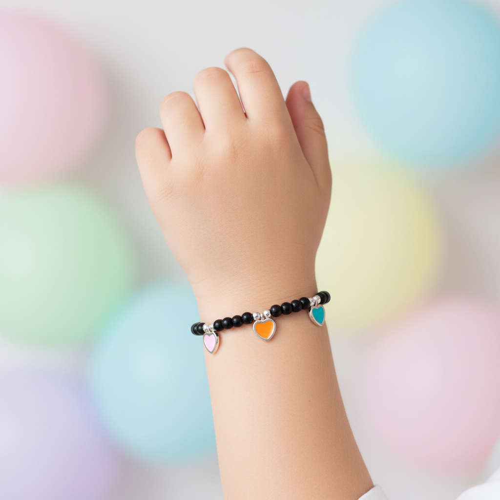Kids Black Beaded Heart Charm Bracelet Lifestyle