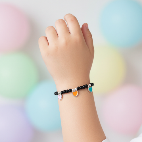 Kids Black Beaded Heart Charm Bracelet Lifestyle