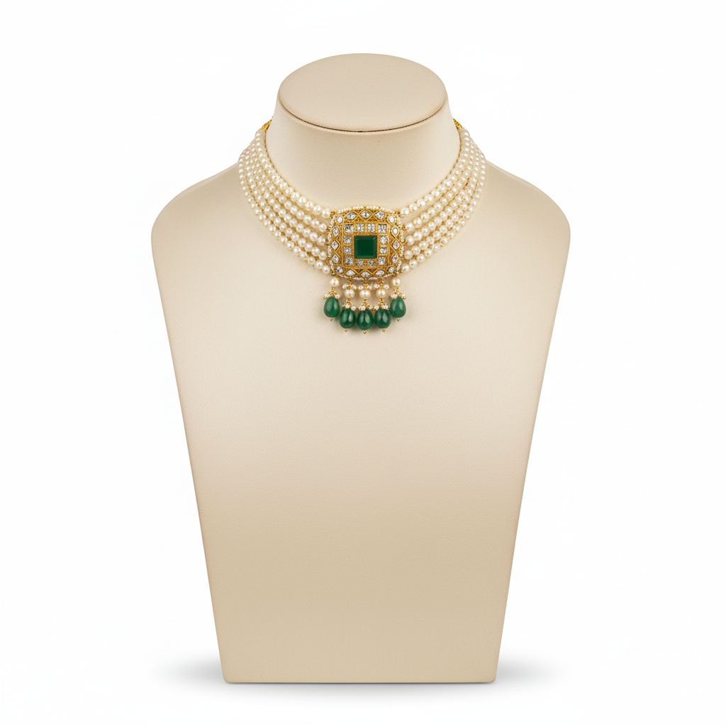 Kundan and Pearl Choker on Mannequin