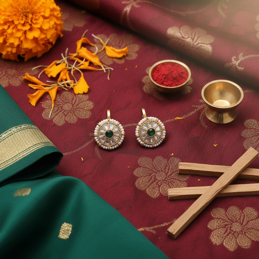 Kundan Emerald Pearl Cartilage Stud Pair - Flat Lay Cultural Context