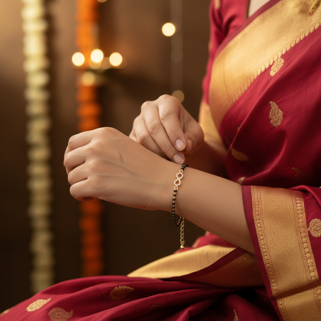 Lifestyle image - Gold polished mangalsutra bracelet