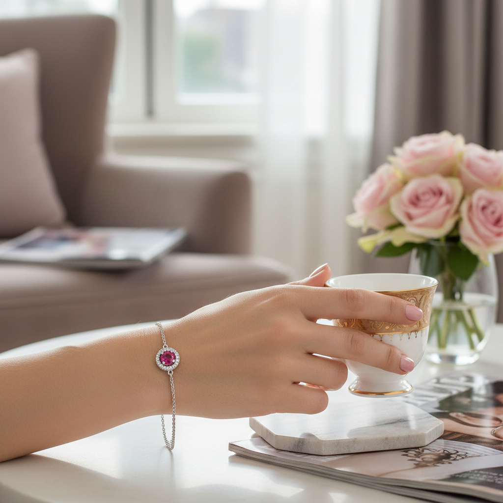Lifestyle image of 925 Silver Bracelet with Pink Ruby Crystal Halo