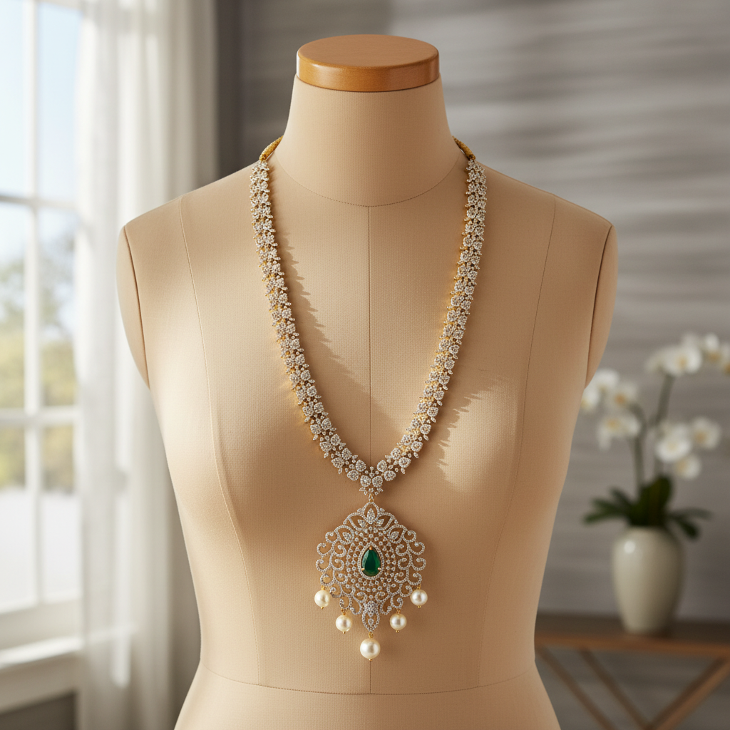Lifestyle image of American Diamond Long Haram Necklace
