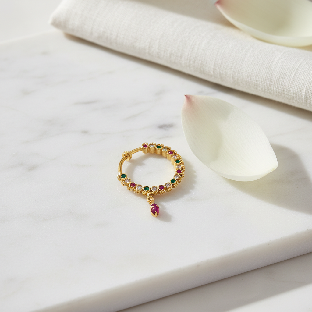 Lifestyle image of delicate gold nose ring