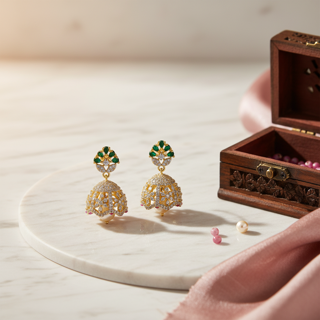 Lifestyle image of delicate jhumka earrings
