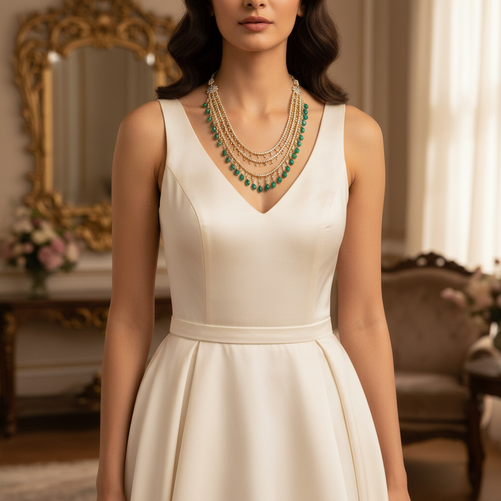 Lifestyle image of delicate three-layered gold necklace