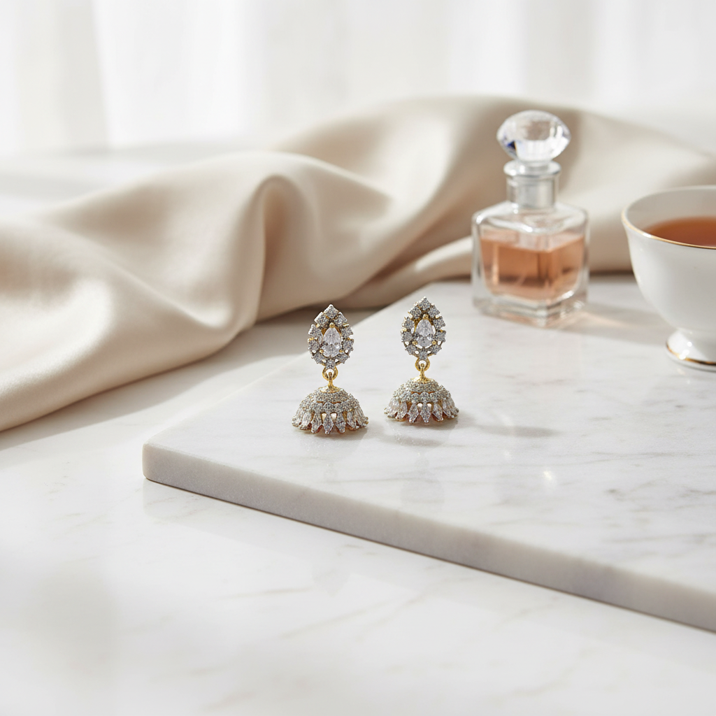 Lifestyle image of Diamond Look Rhodium Gold Plated Jhumka Earrings