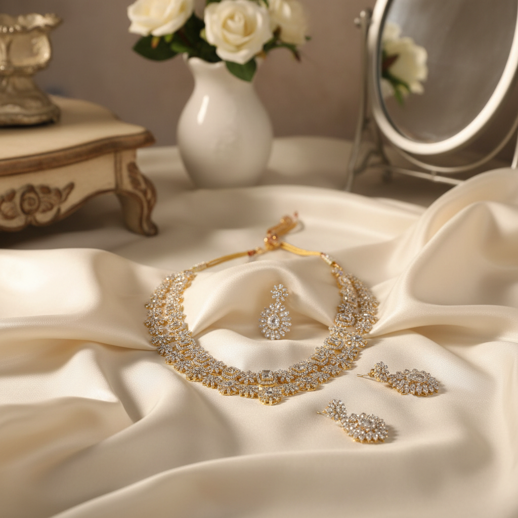 Lifestyle image of Double Layer American Diamond Necklace Set