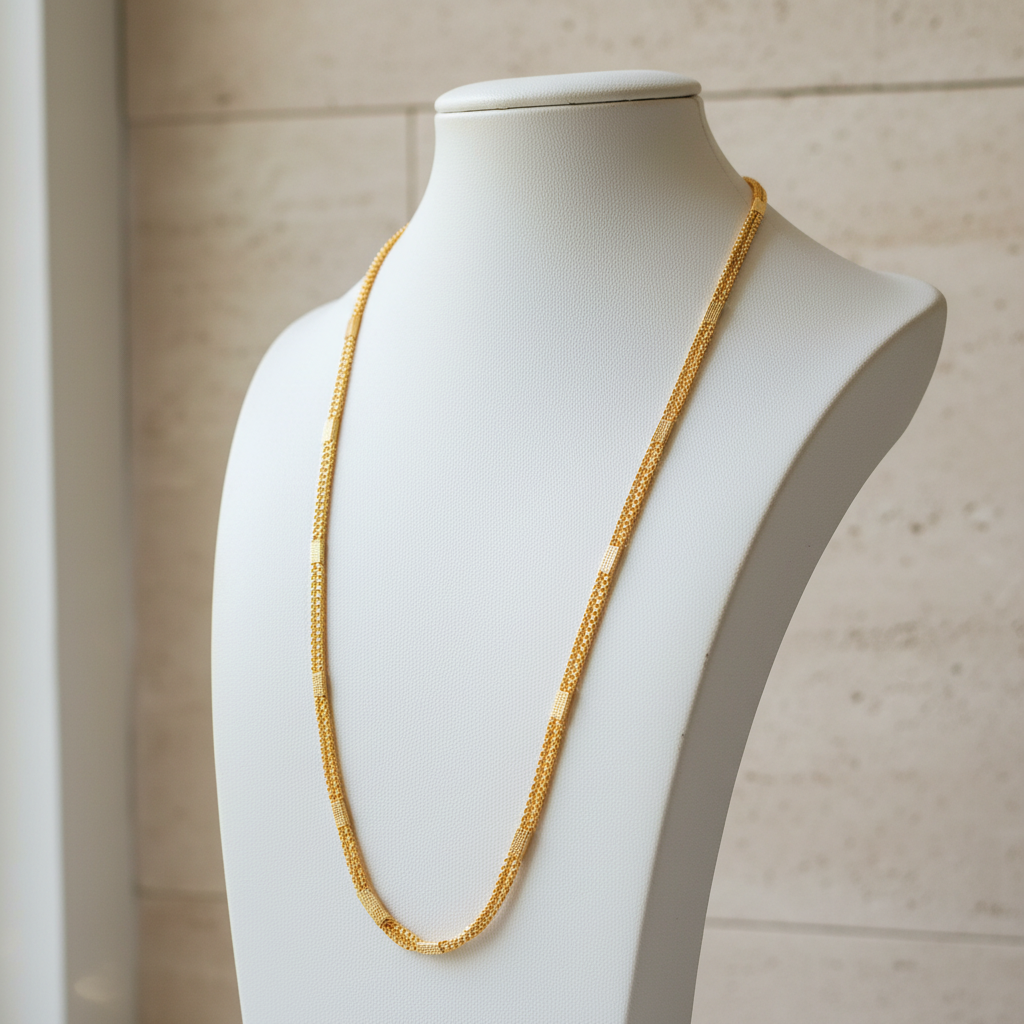 Lifestyle image of full-length 24-inch gold chain necklace