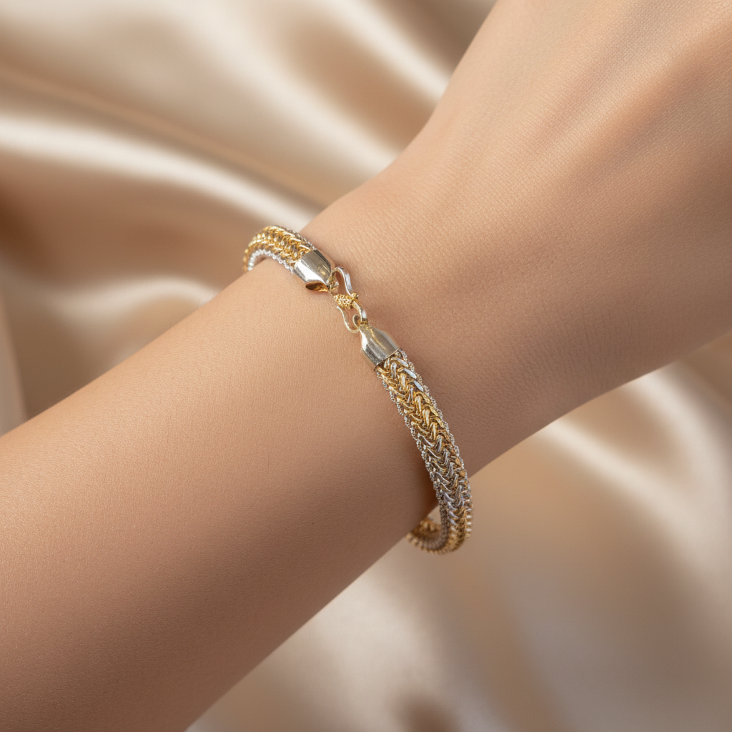 Lifestyle image of gold and silver braided bracelet