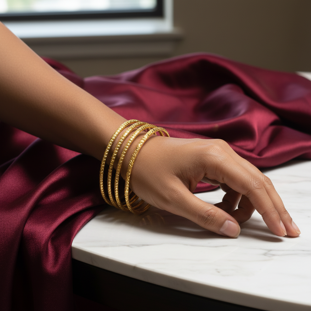 Lifestyle image of gold bangles