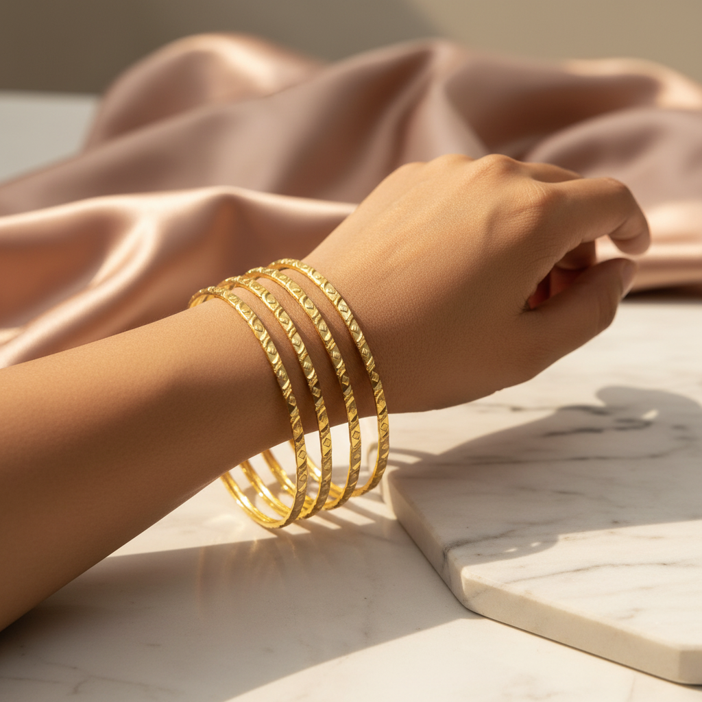 Lifestyle image of gold bangles