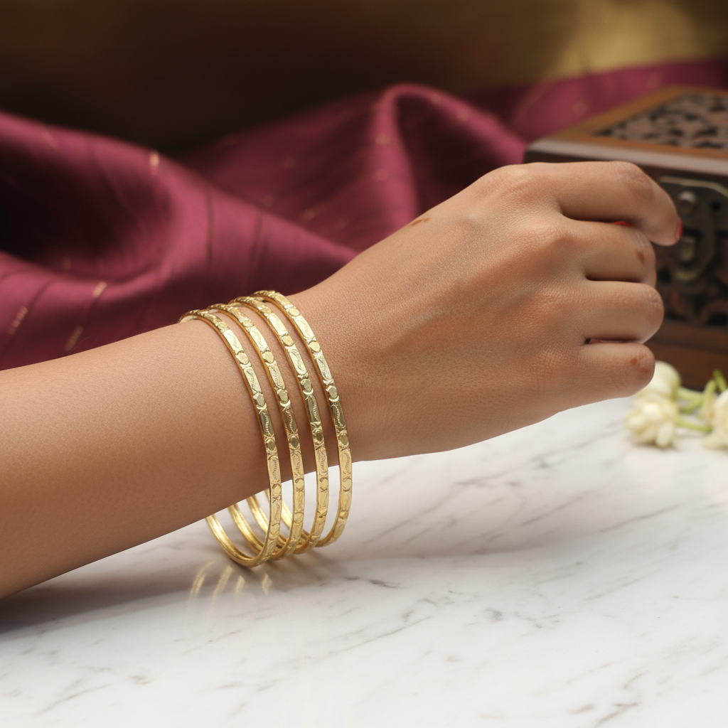 Lifestyle image of gold bangles