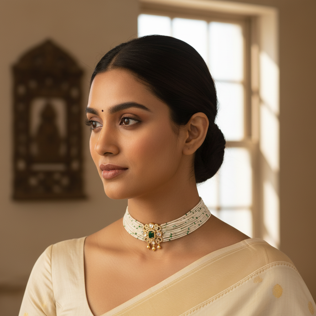 Lifestyle image of Green Kundan Beaded Choker Necklace Set