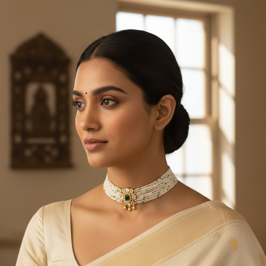 Lifestyle image of Green Kundan Beaded Choker Necklace Set