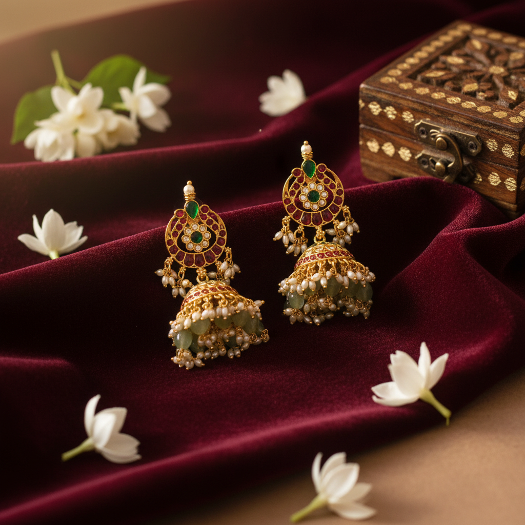 Lifestyle image of Jadau Kundan Jhumka Earrings