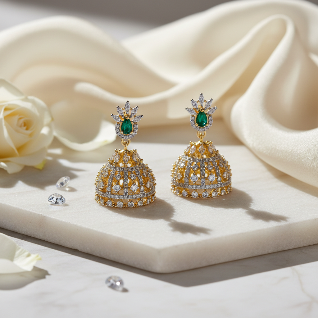 Lifestyle image of jhumka earrings with green and white stones
