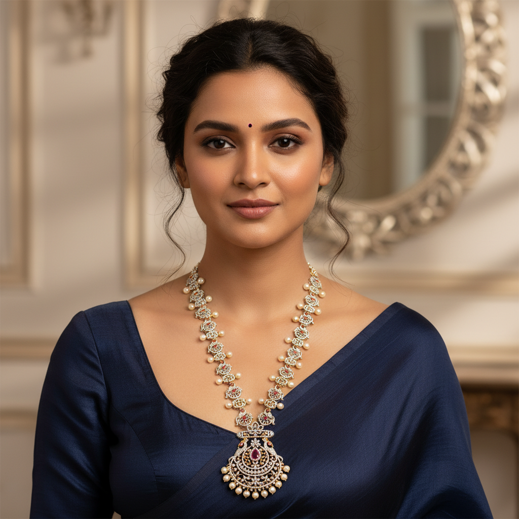 Lifestyle image of peacock necklace