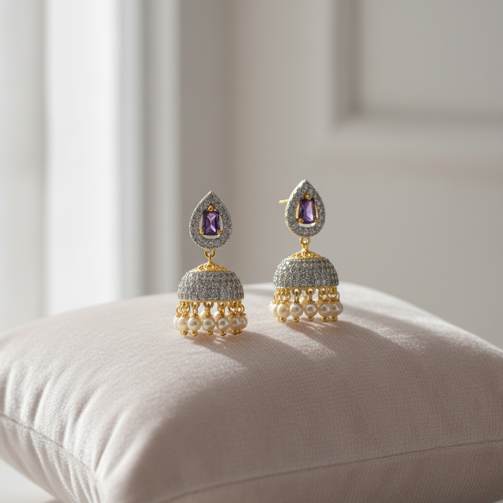 Lifestyle image of purple stone jhumka earrings