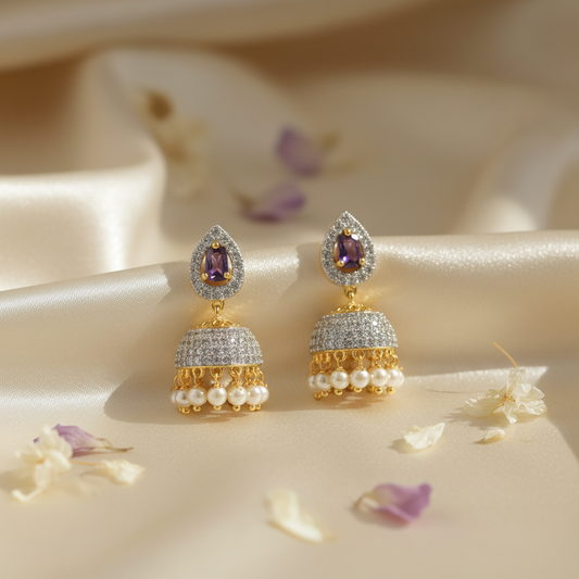 Lifestyle image of purple stone jhumka earrings