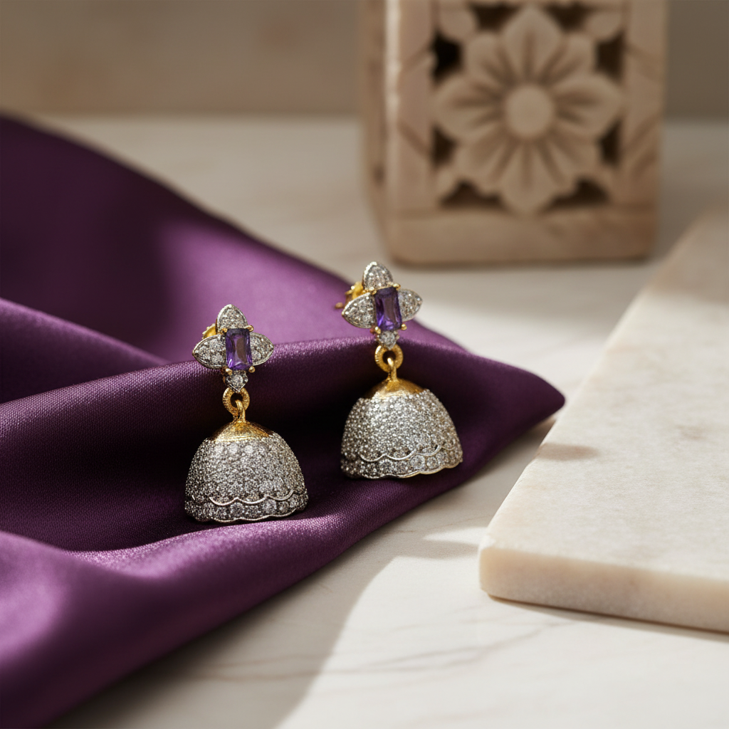Lifestyle image of Purple Zircon Diamond Jhumka Earrings