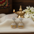 Lifestyle image of Rhodium-Gold Plated Zircon Diamond Jhumka Earrings