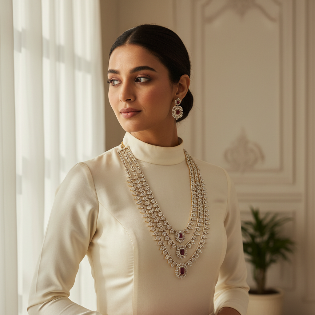 Lifestyle image of triple layered haram necklace