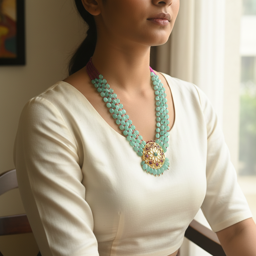 Lifestyle image of turquoise temple necklace