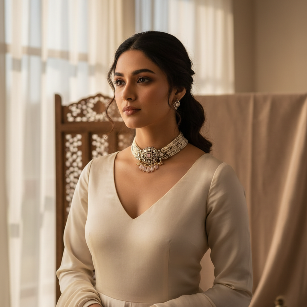 Lifestyle image of Victorian Diamond Beaded Choker Necklace Set