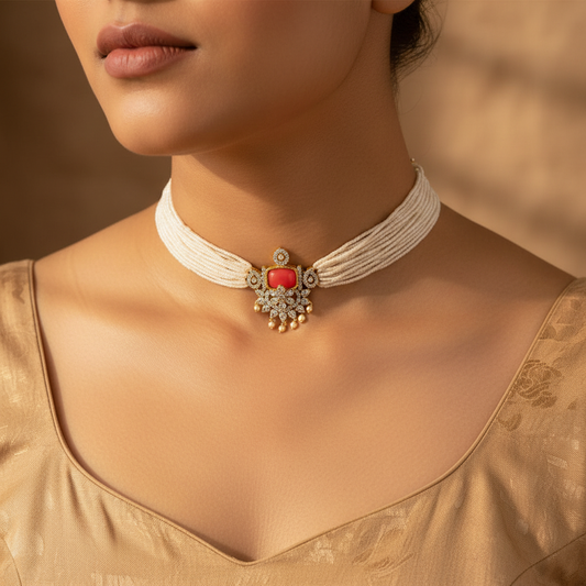 Lifestyle image of Zircon Coral Beaded Choker Necklace