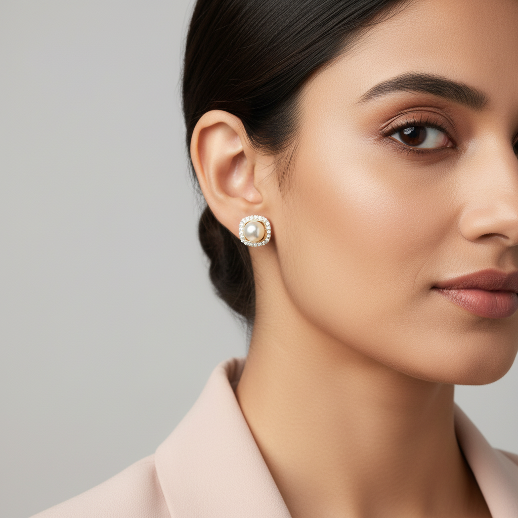 Lifestyle image with delicate earrings at realistic scale