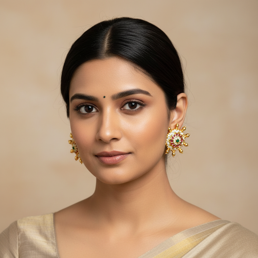 Lifestyle photo of model wearing Kempu & CZ stud earrings
