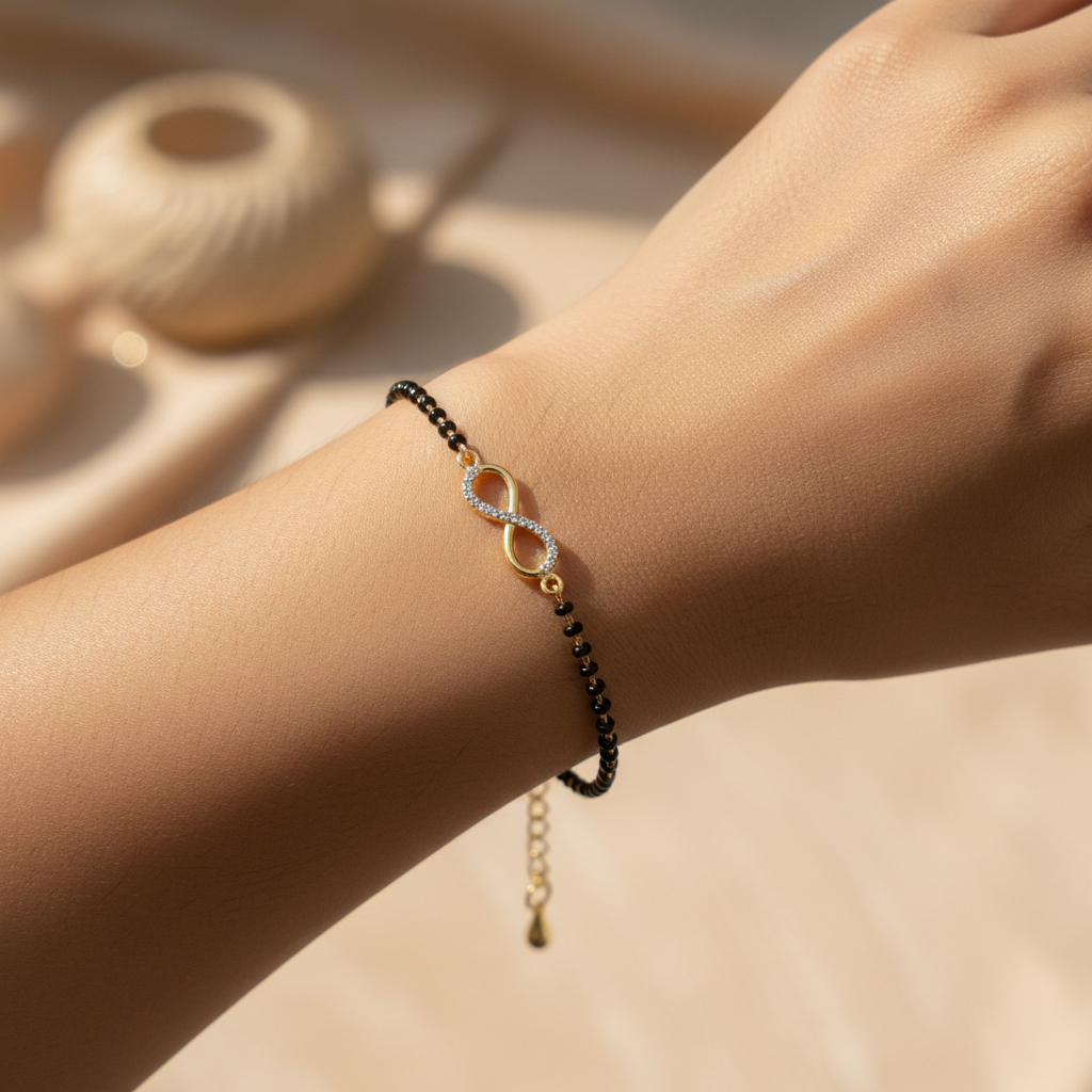 Lifestyle shot - Delicate mangalsutra bracelet on wrist
