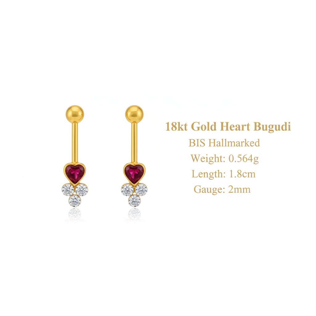 Lightweight 18kt Gold Bugudi Heart-Shaped Earring with complete details