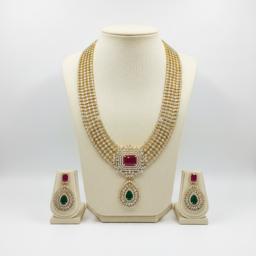 Long structured necklace on display bust