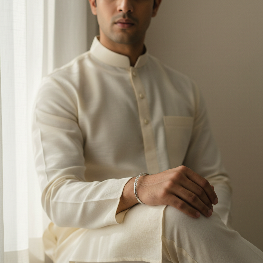 Male model wearing Punjabi Silver Kada