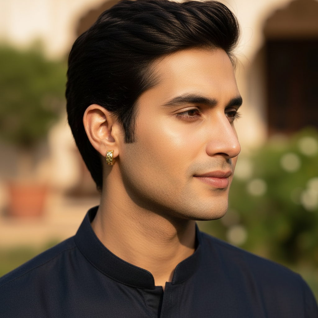 Man Wearing Gold Floral Hoop Earrings
