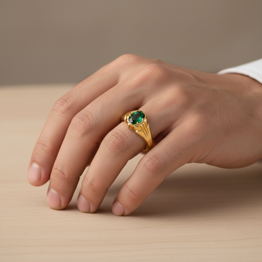 Man wearing yellow gold ring with green gemstone
