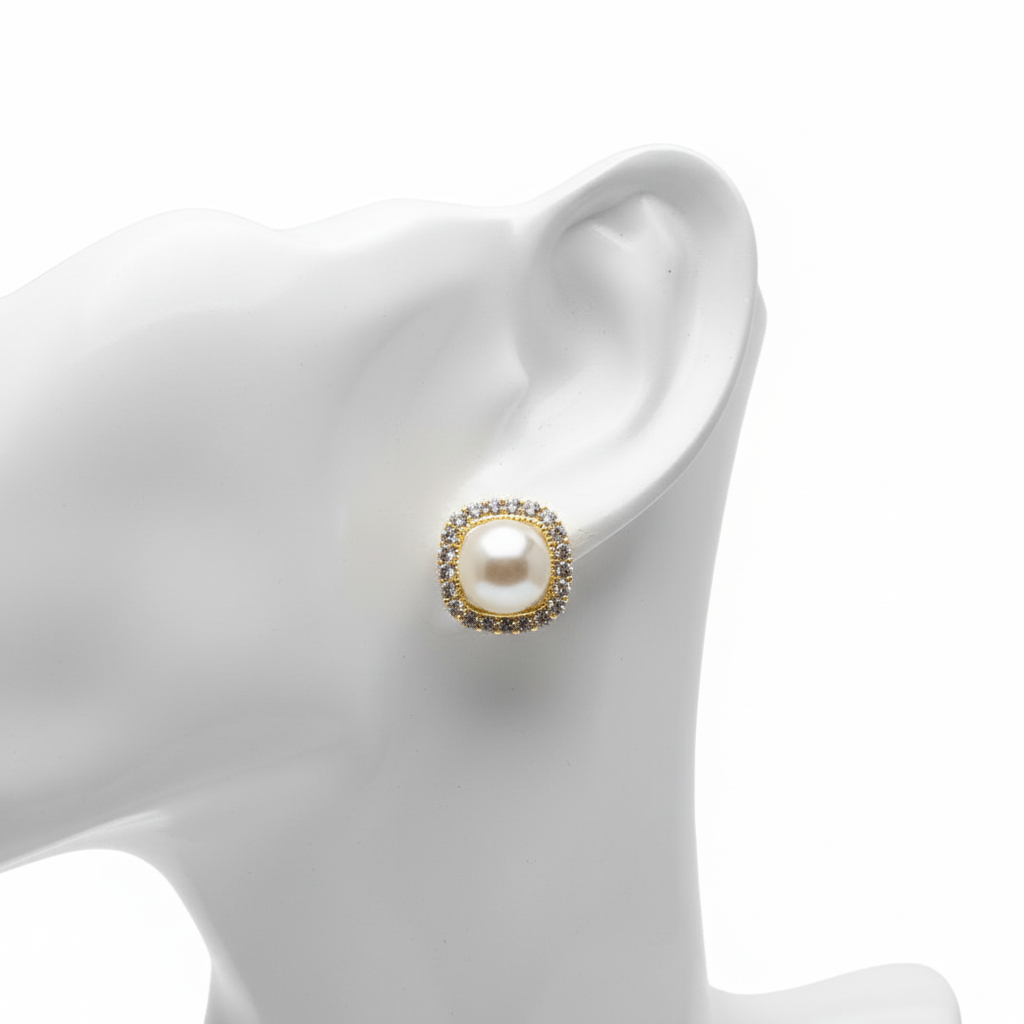 Mannequin display image of zirconia and pearl earrings