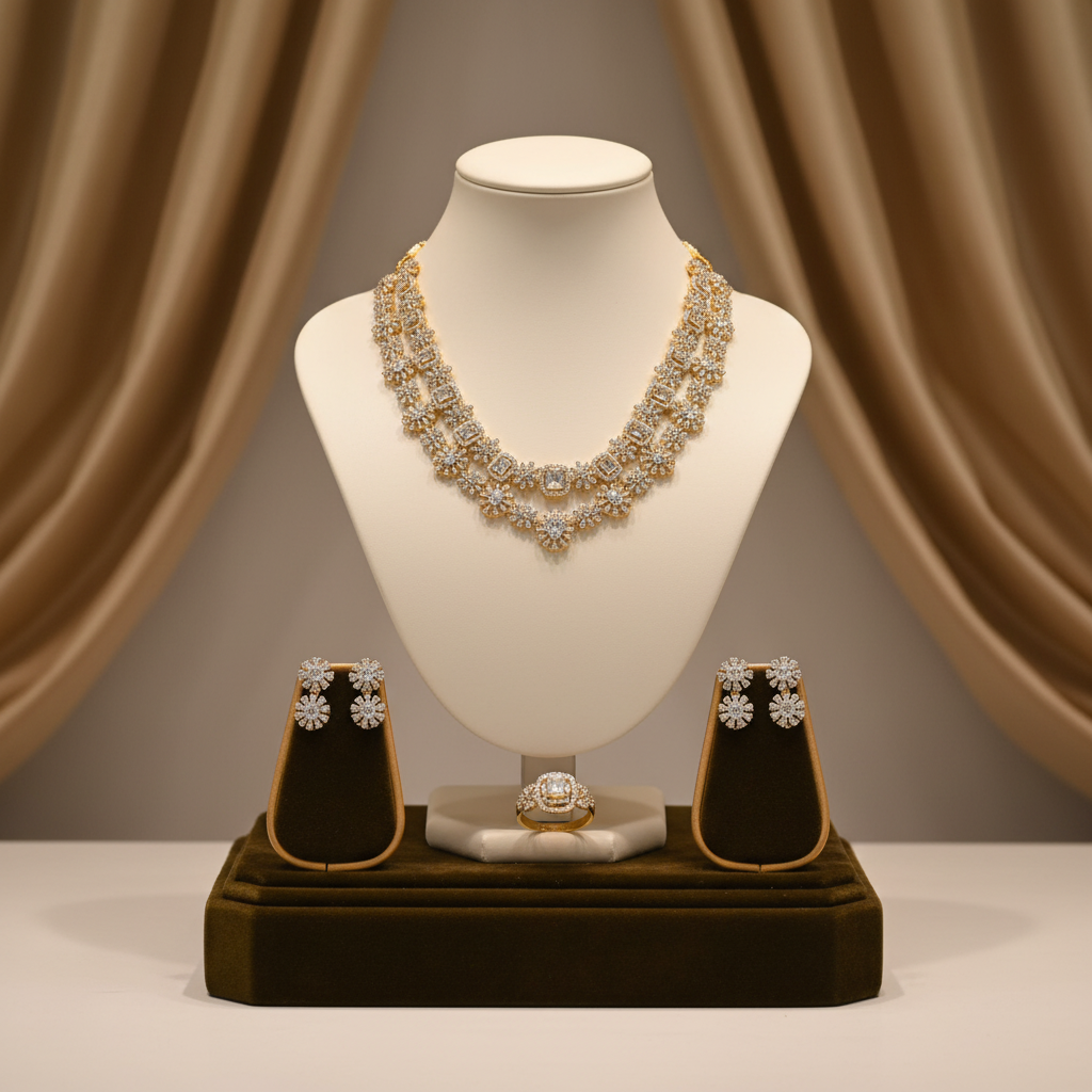 Mannequin display of Double Layer American Diamond Necklace Set