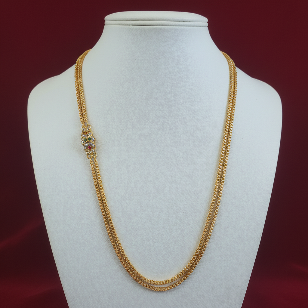 Mannequin display of gold-plated temple jewelry necklace
