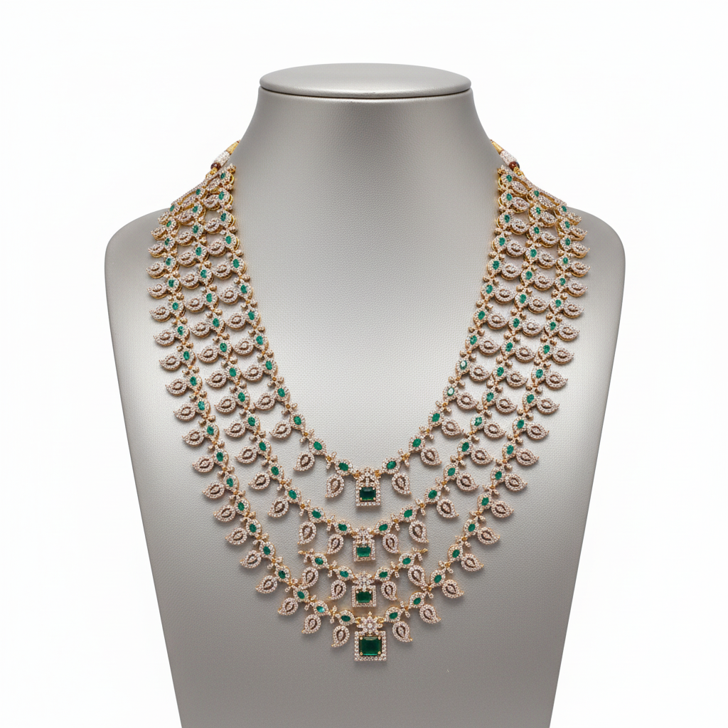 Mannequin display of Layered Bridal American Diamond Emerald Haram necklace