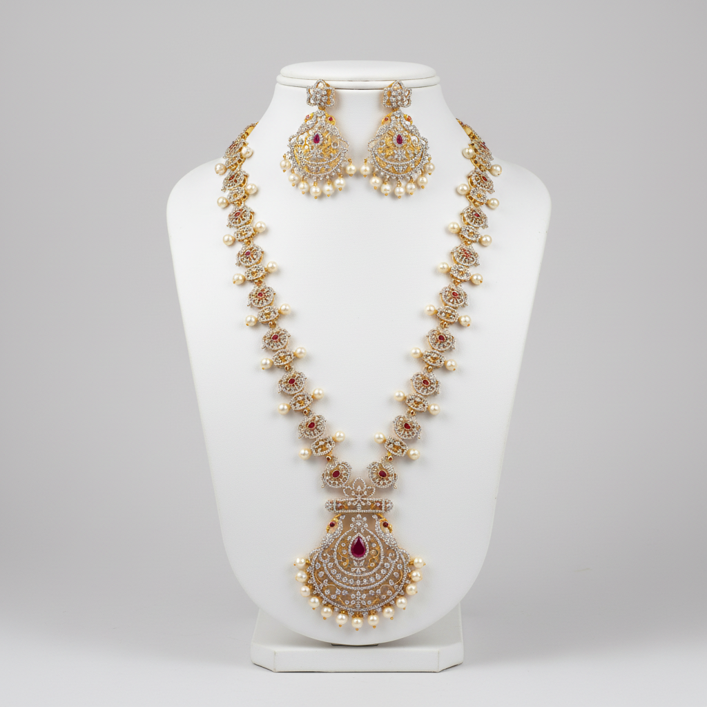 Mannequin display of peacock necklace