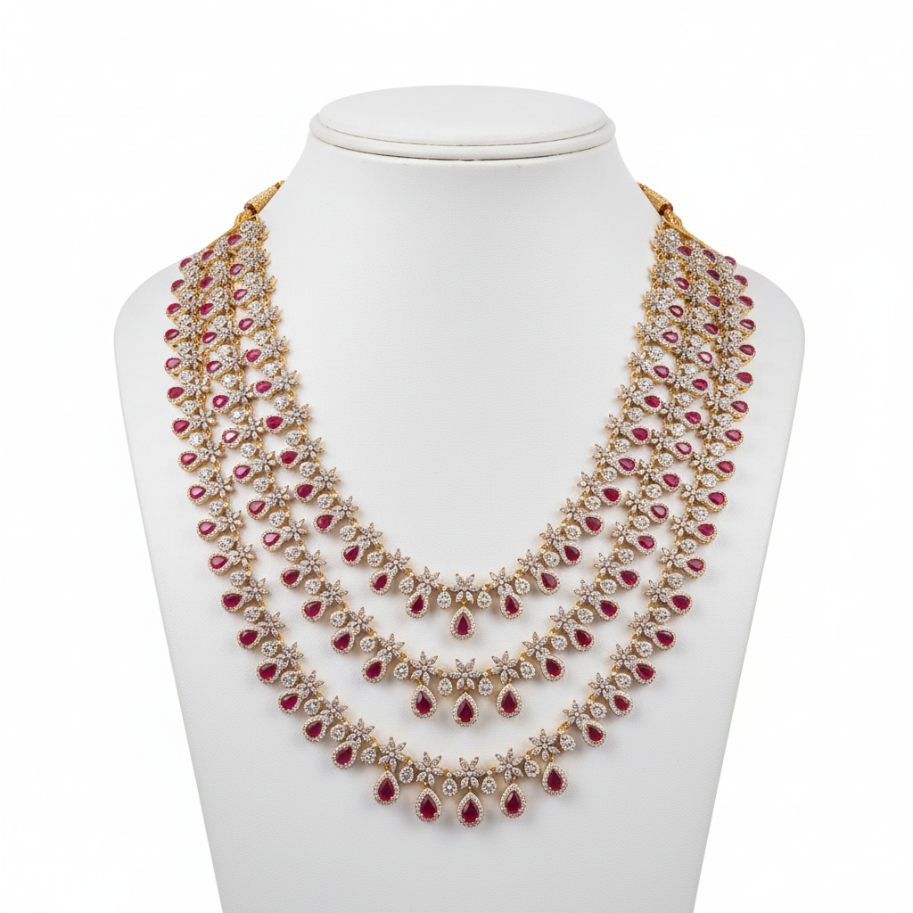 Mannequin display of triple layer necklace