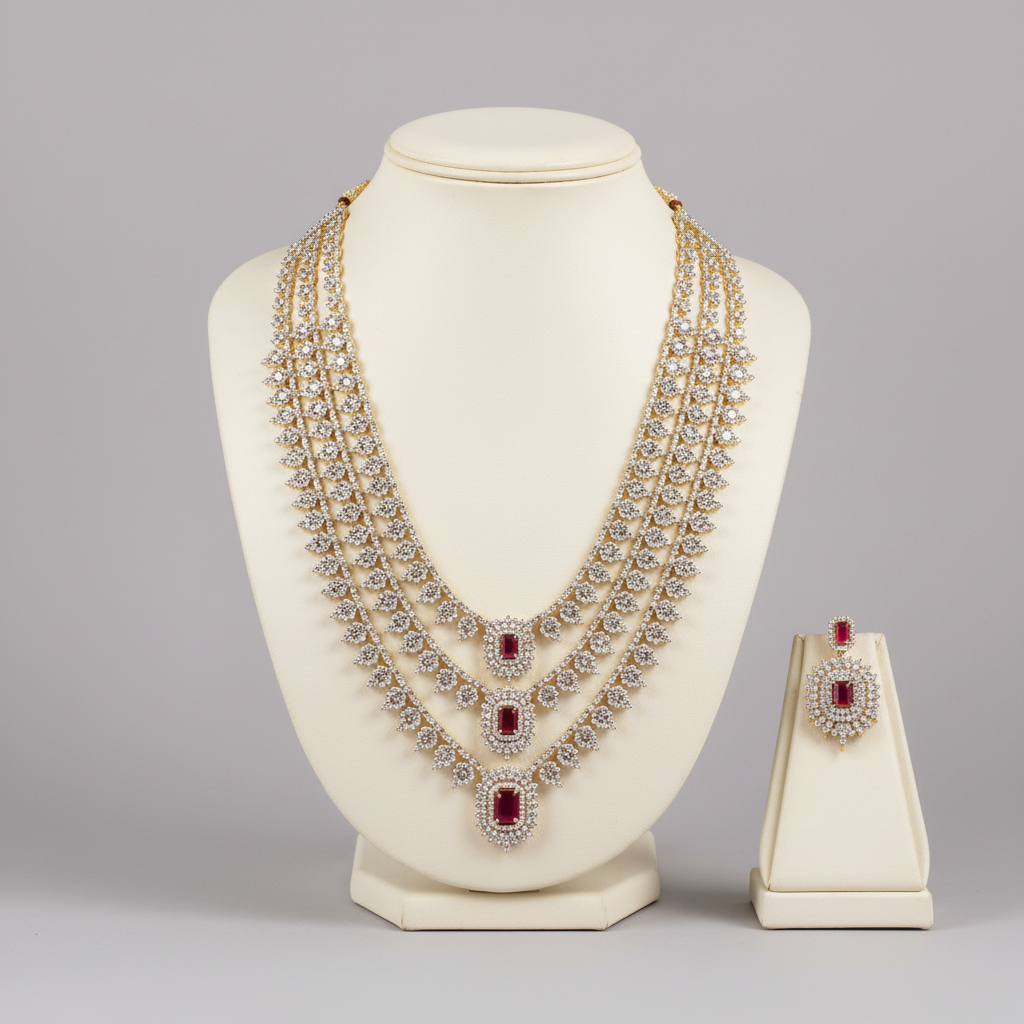 Mannequin display of triple layered haram necklace