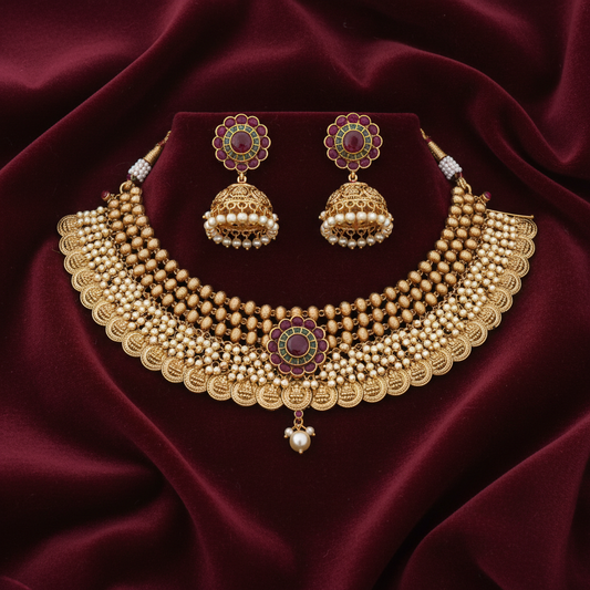 Matte Gold Ruby Choker Set - Flat Lay