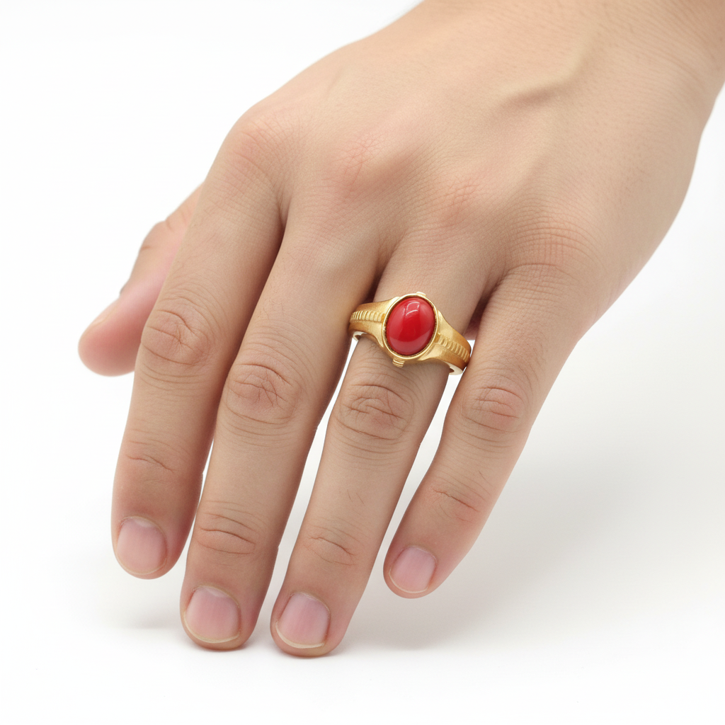 Men wearing Panchaloha Red Coral Ring - unchanged