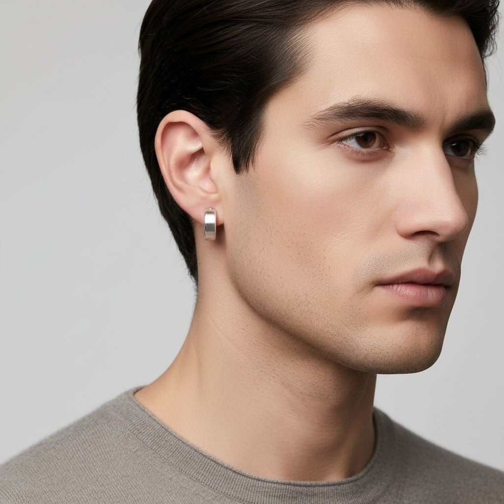 Men's lifestyle photo wearing sterling silver hoop earrings